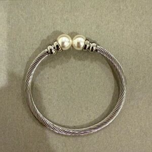 Cable Bangle with Pearl End Caps